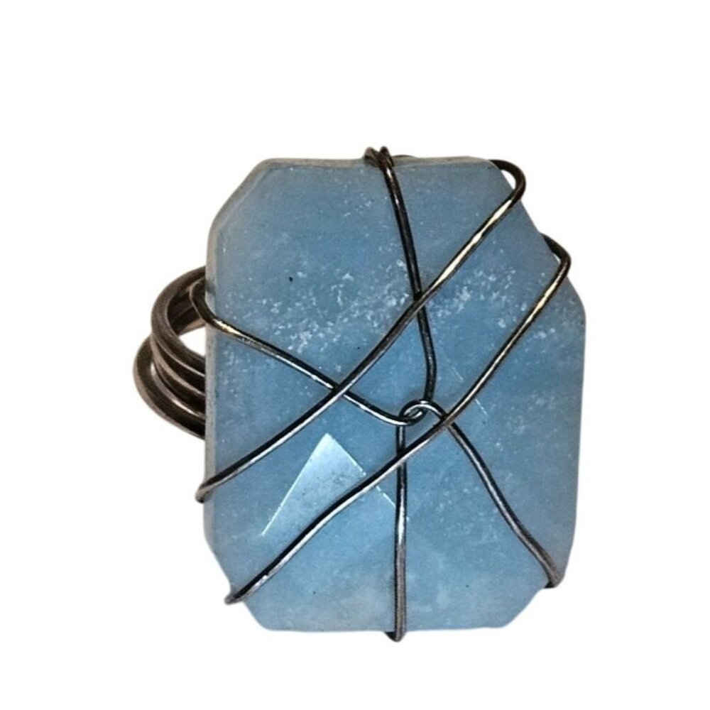 Adjustable Ring Statement Wire-Wrapped Blue Stone Unique Handmade‎ Metal Band